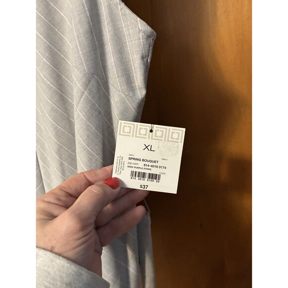 LIZ CLAIBORNE Spring Bouquet Sleeveless Belted Career Top XL Gray Purple Stripe - Picture 6 of 8